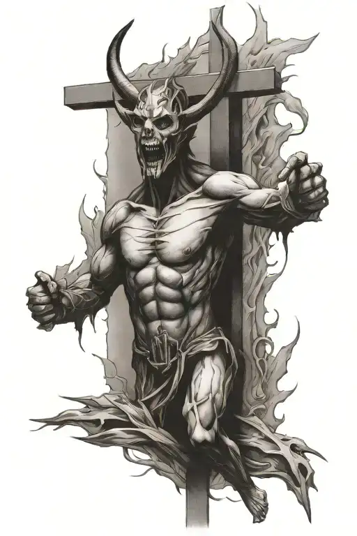 crucified devil breaking free from cross tattoo design idea