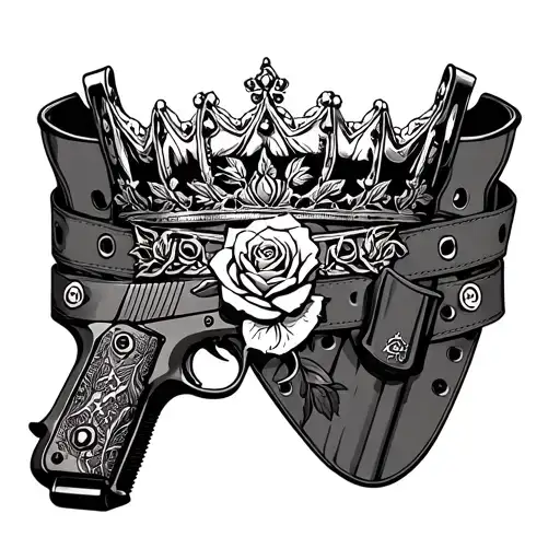queen crown a gun belt and holsters with a rose intertwined tattoo design idea