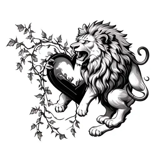 lion pulling on ivy vines tied to a heart tattoo design idea