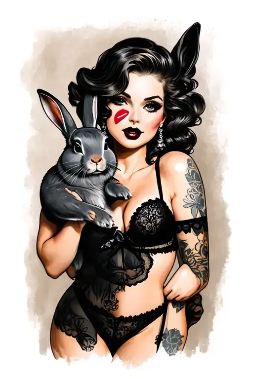 pin up girl wearing lingerie holding a grey rabbit with a lip mark incorporated into the design  tattoo design idea
