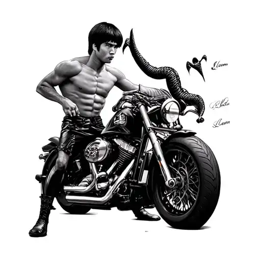 bruce lee, asian dragon, harley quinn, harley davidson motorcycle, kids name liam and dominik and wife sylvia. tattoo design idea