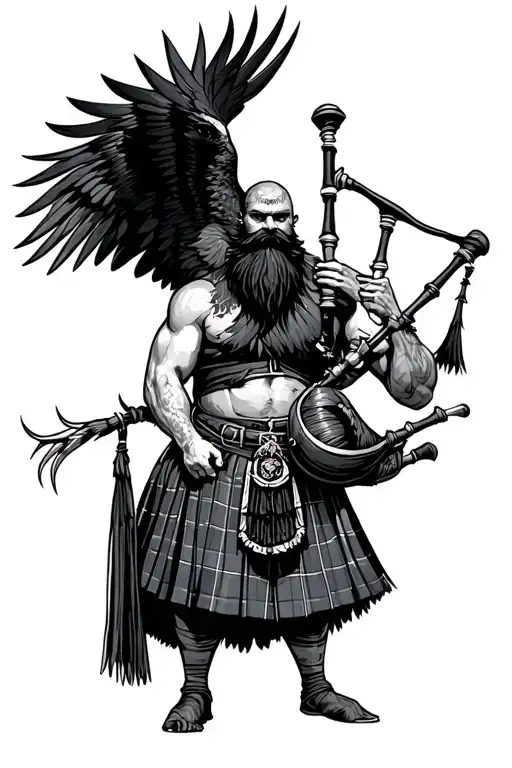muscular bagpiper bald black beard black huge wings on his back playing the bagpipes flying crow with claws tattoo design idea