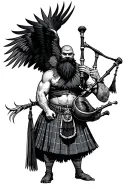 muscular bagpiper bald black beard black huge wings on his back playing the bagpipes flying crow with claws tattoo design idea