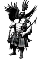 muscular bagpiper bald black beard black huge wings on his back playing the bagpipes flying crow with claws tattoo design idea