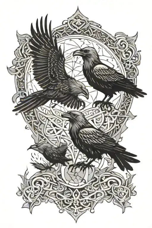 Viking crows flying in a thunderstorm forest distant tattoo design idea