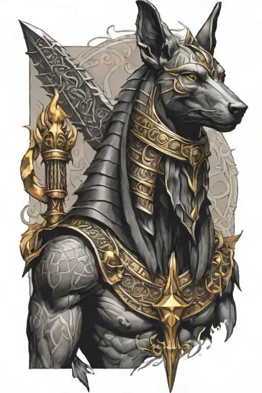 god anubis with a scepter and a flaming egyptian cross tattoo design idea