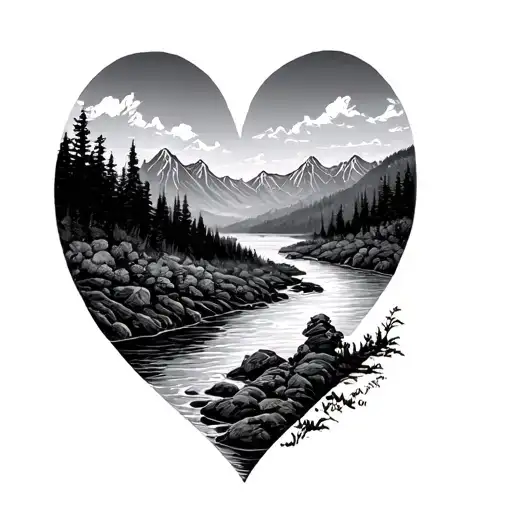 River flowing near mountains heart shaped like tattoo design idea