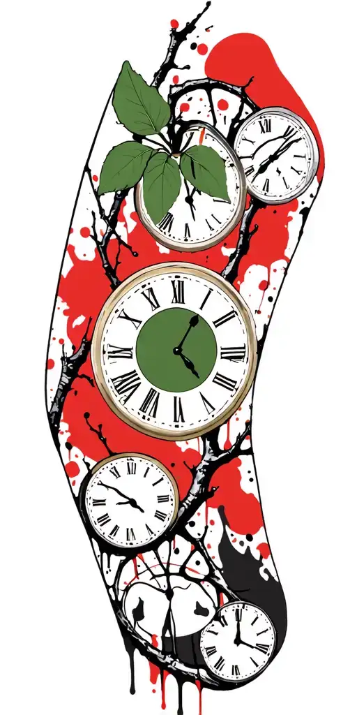 birch branches with green leaves with only three clocks integrated into it for an arm sleeve tattoo design idea