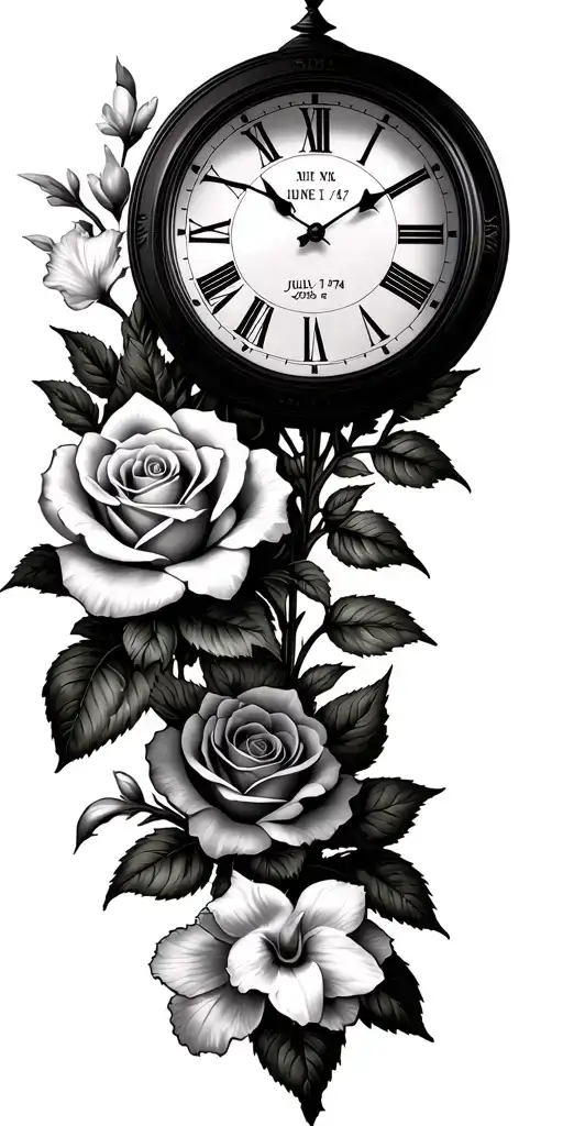 Clock face, Dove's, roses, Roman numeral for June 17, 1980 and July 14, 1974, delphinium , Lilly of valley, daffodil tattoo design idea