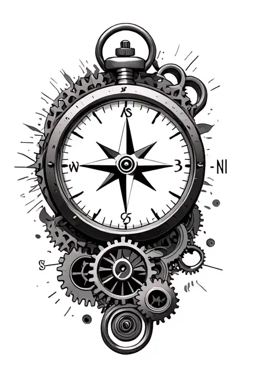 north direction symbol, compass, pocketwatch, gears meshing tattoo design idea