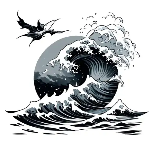 simple ripple into a tidal wave outline tattoo design idea