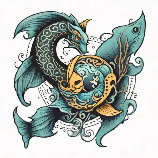 tattoo of crescent moon with pisces sign and coi fish  tattoo design idea