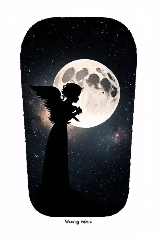 waxing gibbous moon with one tiny cherub baby girl silhouette in the galaxy tattoo design idea