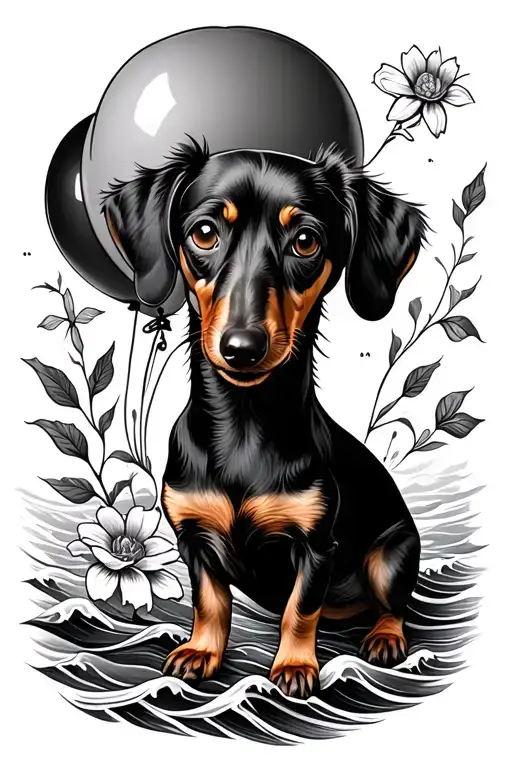 dachshund dog, flower, balloon, sea waves, cross tattoo design idea