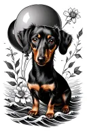 dachshund dog, flower, balloon, sea waves, cross tattoo design idea