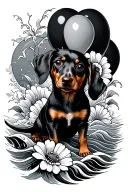 dachshund dog, flower, balloon, sea waves, cross tattoo design idea