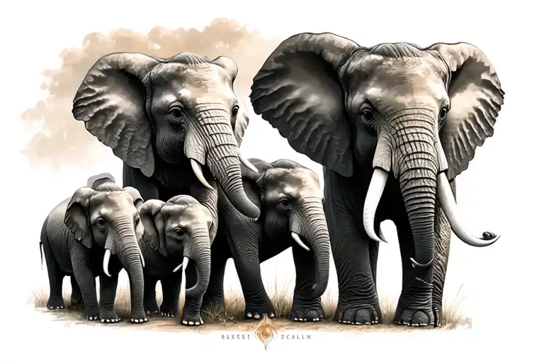 elephant mom and three elephant babies  tattoo design idea