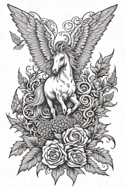 angel wings, thistle, unicorn full body tattoo design idea