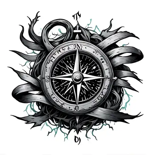 subwoodrr surrounded by aurora ribbons mixed with soundwaves, compass in the middle of its body, artistic details tattoo design idea