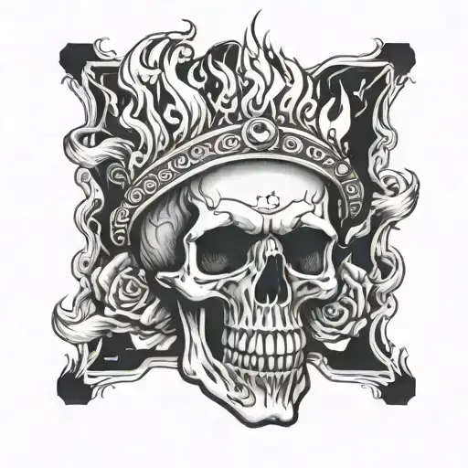 playing card skull fire flames tattoo design idea