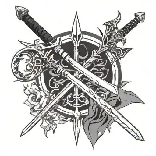 crossed weapons from RWBY, Weiss's sword and Ruby's scythe with their logos  tattoo design idea