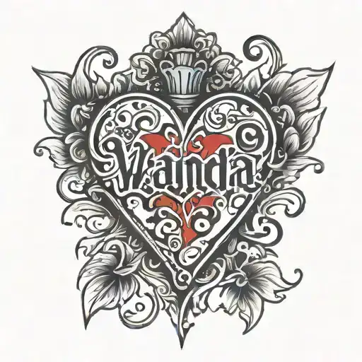 red heart with the name Wanda in black inside the heart tattoo design idea