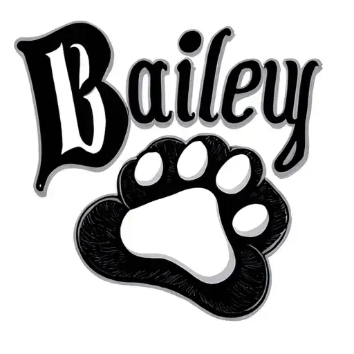 the word Bailey, small paw print, top hat over the latter B tattoo design idea