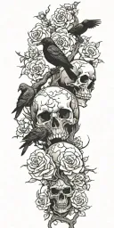Cherry blossom tree with roses, skulls and crows in color tattoo design idea