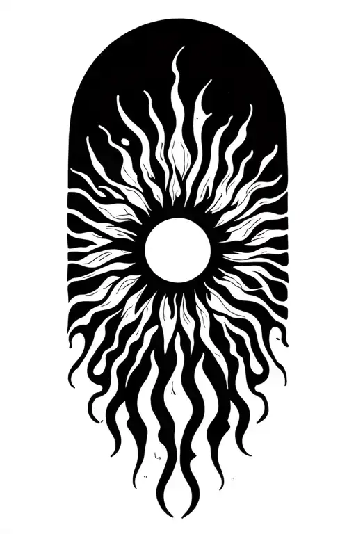 Minimalist line art tattoo of a radiant sun. A perfect circular center with wavy flame-like rays extending outward tattoo design idea