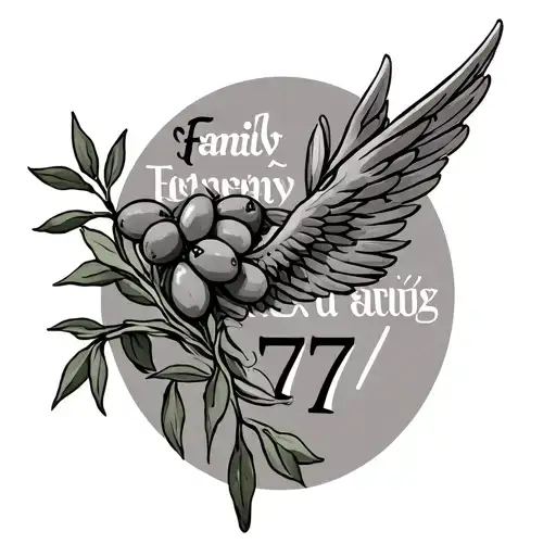 greek olive branch wrapped around the arm, with family in greek and the angel number 777 tattoo design idea