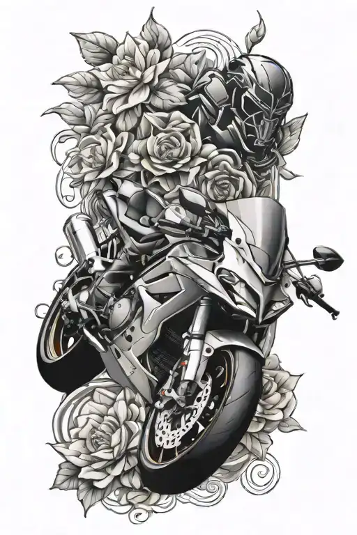 sportbike and flowers tattoo design idea