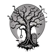 tree with a noose hanging from it below is a rip tombstone the bottom left of the tree there is a Ghoul busting add bats tattoo design idea