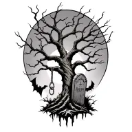 tree with a noose hanging from it below is a rip tombstone the bottom left of the tree there is a Ghoul busting add bats tattoo design idea