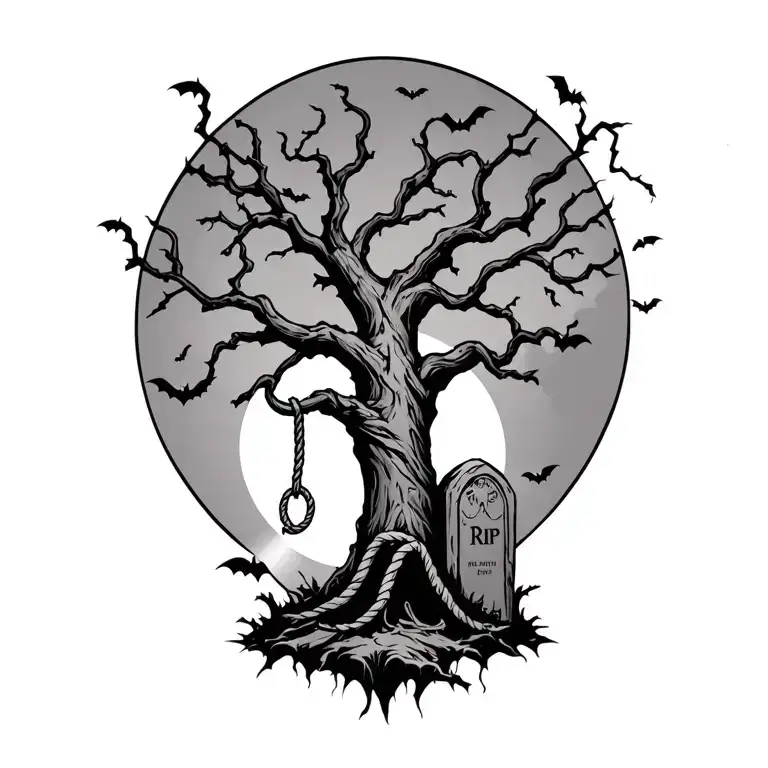 tree with a noose hanging from it below is a rip tombstone the bottom left of the tree there is a Ghoul busting add bats tattoo design idea