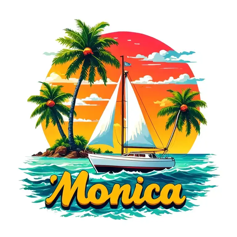 "Monica" "Monica" foreground white sailboat, sunrise sky small background distant island with 2 palm tree.  ocean vibrant colors tattoo design idea