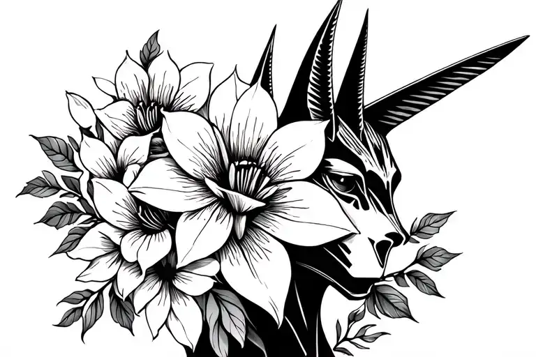 Anubis with flowers tattoo design idea