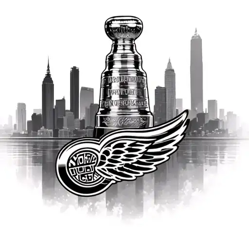Detroit red wings logo combined with the stanley cup and backdrop of the city of detroit  tattoo design idea