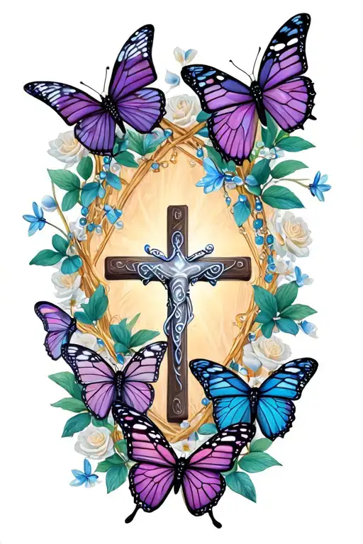 rosary with small butterflies intertwined tattoo design idea