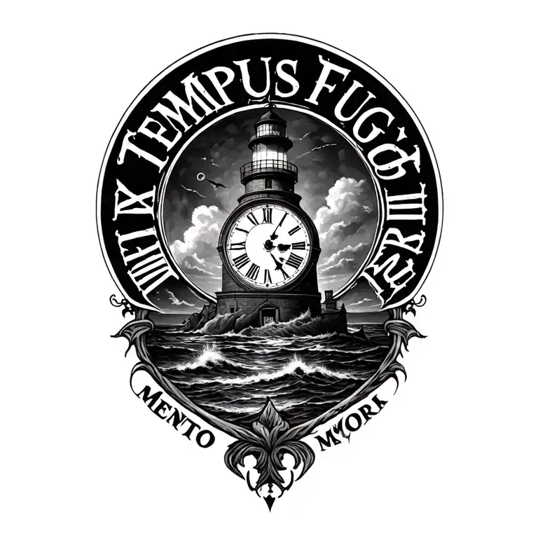 clock, text saying "Tempus Fugit Memento Mori", lighthouse tattoo design idea