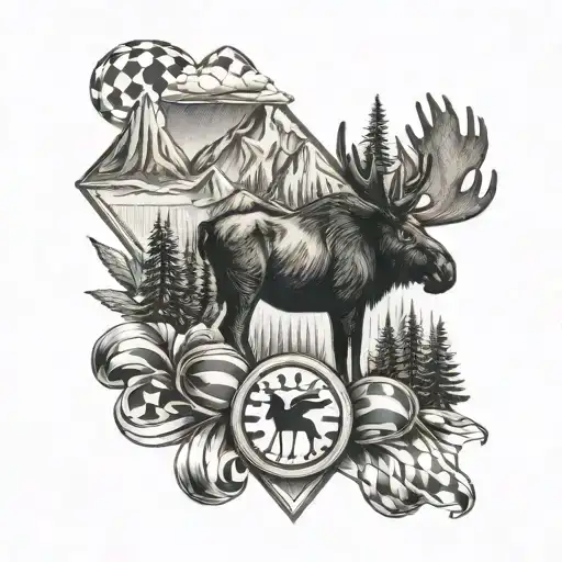Mountains, moose, heartbeat, checkered flags, cross, papaw, 11, and thumbprint tattoo design idea