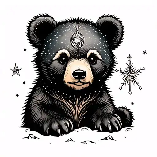 cute bear cub and north star tattoo design idea