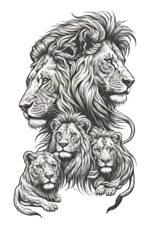 male lion head and Maine, female lion and 2 cubs tattoo design idea