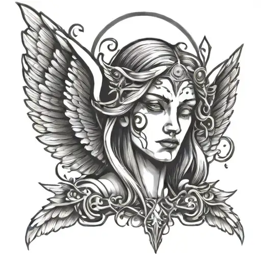 Cyber sigilism angel around forearm tattoo design idea