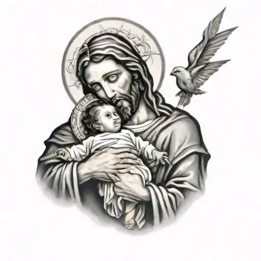 Jesus and the vrigin mary holding baby jesus tattoo design idea