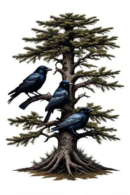 pine tree with ravens perched tattoo design idea