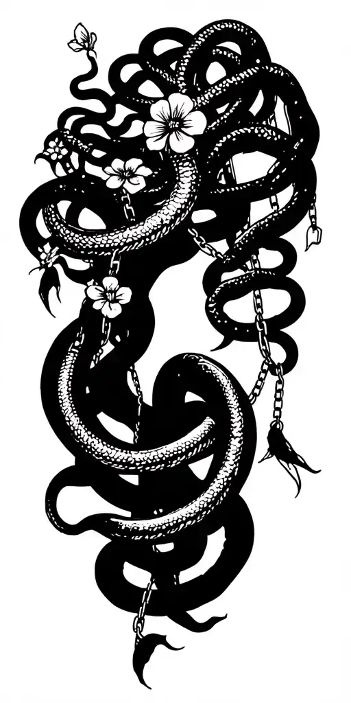 Medusa with 12 snakes 4 flowers 10 chains  tattoo design idea