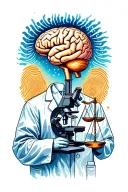 Forensic scientist with microscope, fingerprints, balance of justice, magnifying glass, DNA strand, brain, herram tattoo design idea