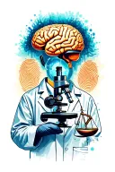 Forensic scientist with microscope, fingerprints, balance of justice, magnifying glass, DNA strand, brain, herram tattoo design idea