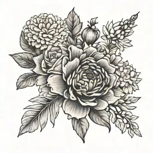 small tattoo bouquet with a carnation, marigold, aster, chrysanthemum, rose, and a daisy tattoo design idea