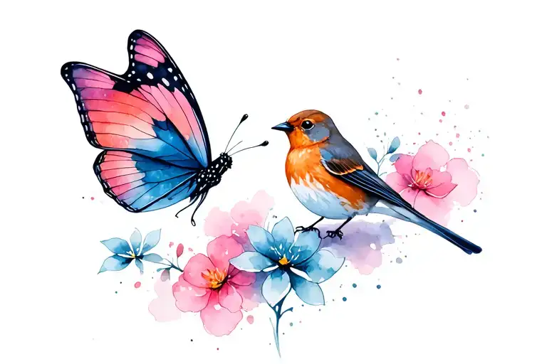side on butterfly and robin - colourful, vibrant, pinks and blues tattoo design idea